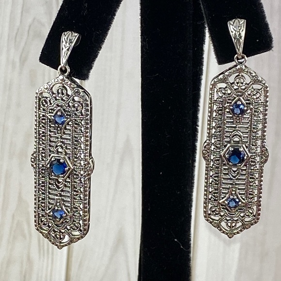 Hand Made Natural Blue Sapphire 925 Silver Filigree Retro Art Nouveau Earrings - Picture 1 of 6